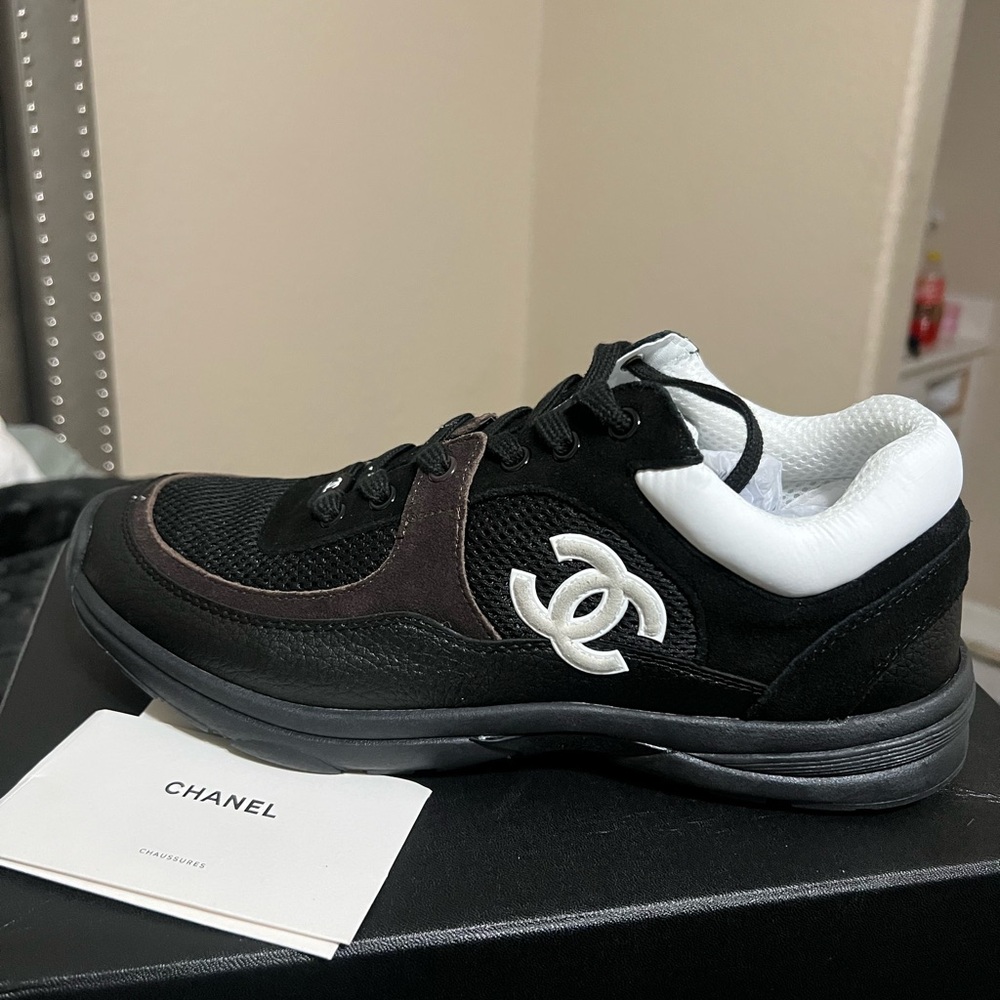 CHANEL Black and White Lace-Up Sneakers